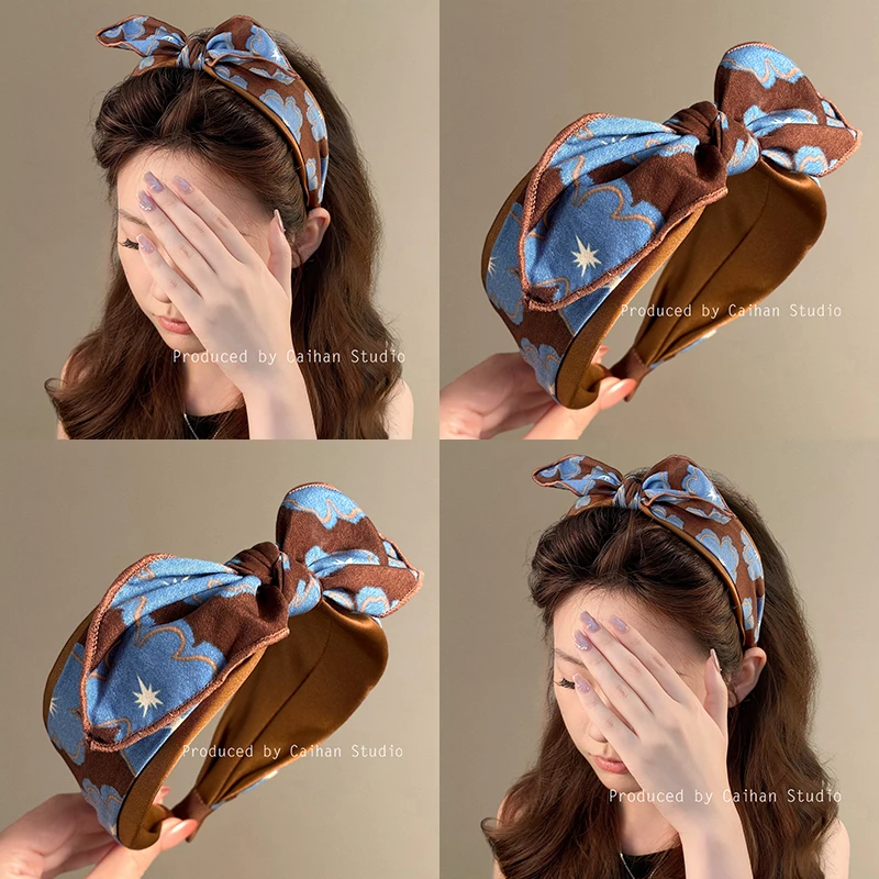 秘境仙踪~蓝咖撞色印花兔耳发箍女新款高颅顶头箍日常洋气旅行