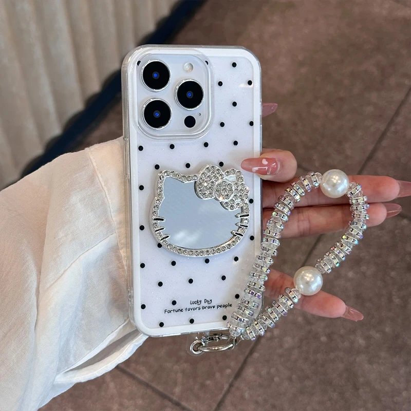 欧克里里闪钻凯蒂镜子挂链适用iPhone16/15白色闪粉13/14手机壳12