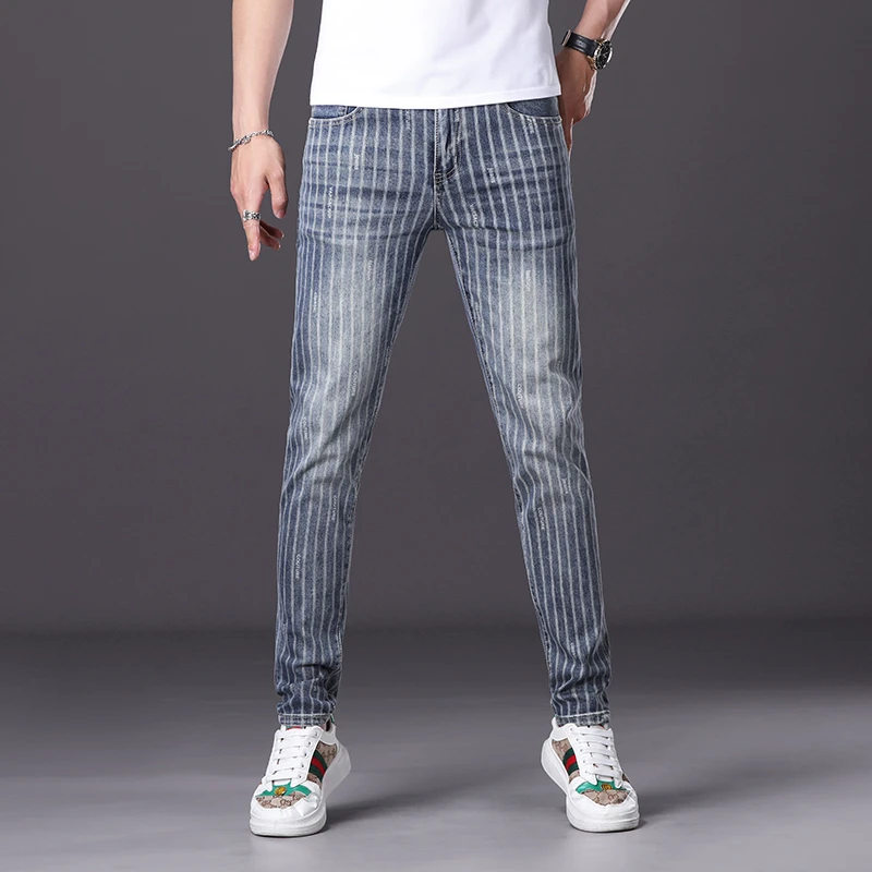 高端条纹牛仔裤男款修身小脚爆款2025新款夏季潮牌弹力九分裤子男