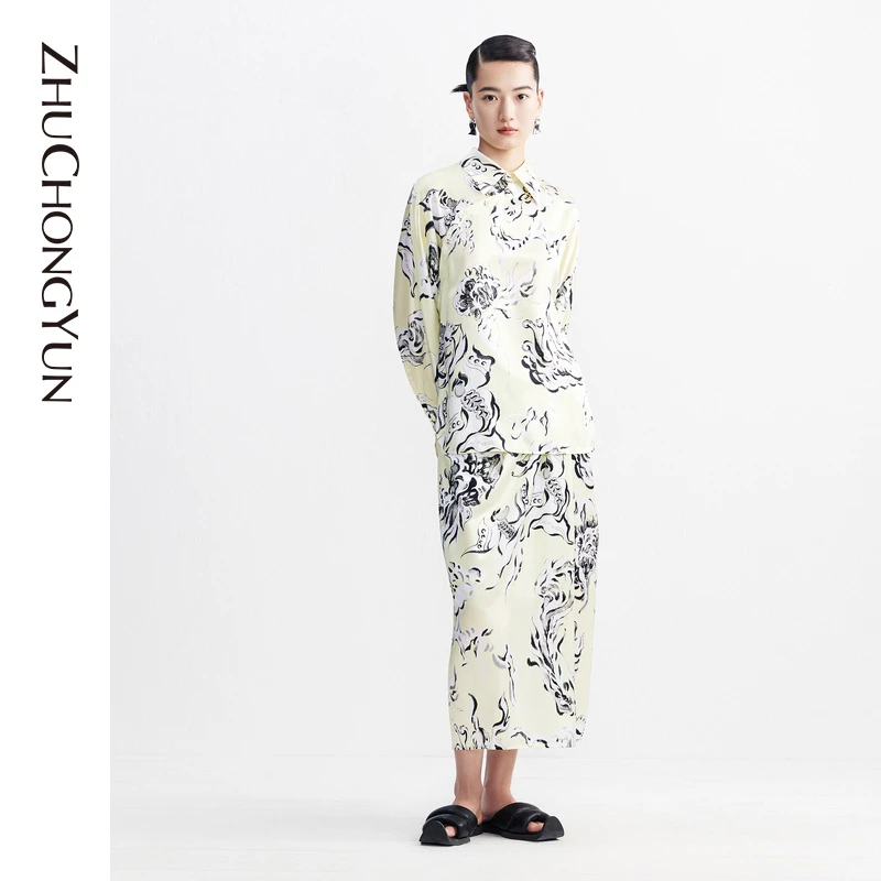 ZHUCHONGYUN2023秋新款典雅水墨印花缎面衬衫C1DE30379