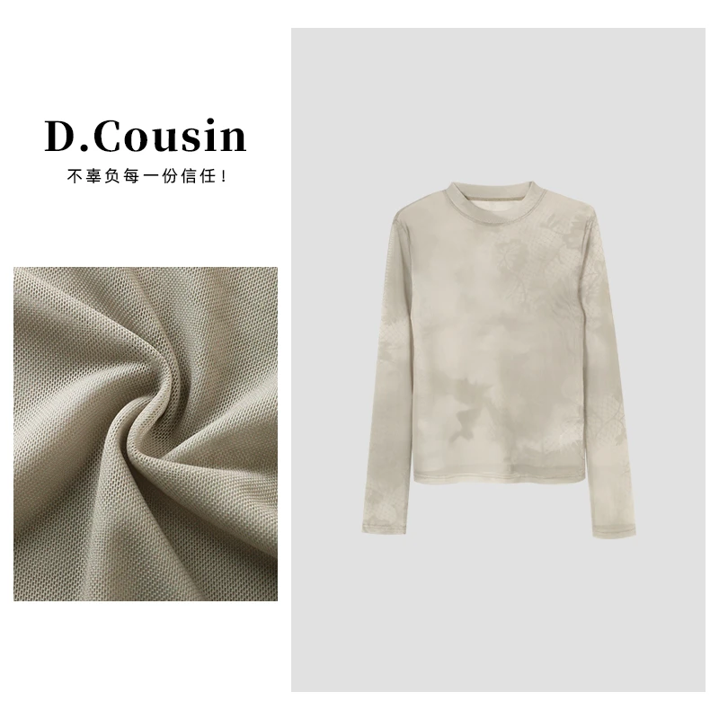 D.cousin 2025春季新款网纱印花T恤皮肤衣圆领长袖打底衫女 2180