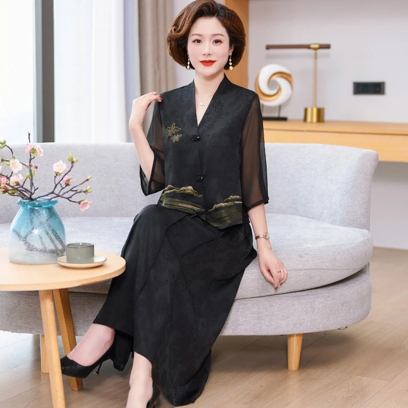 新中式妈妈套装春装气质高贵夫人香云纱半身裙中老年女装春夏新款