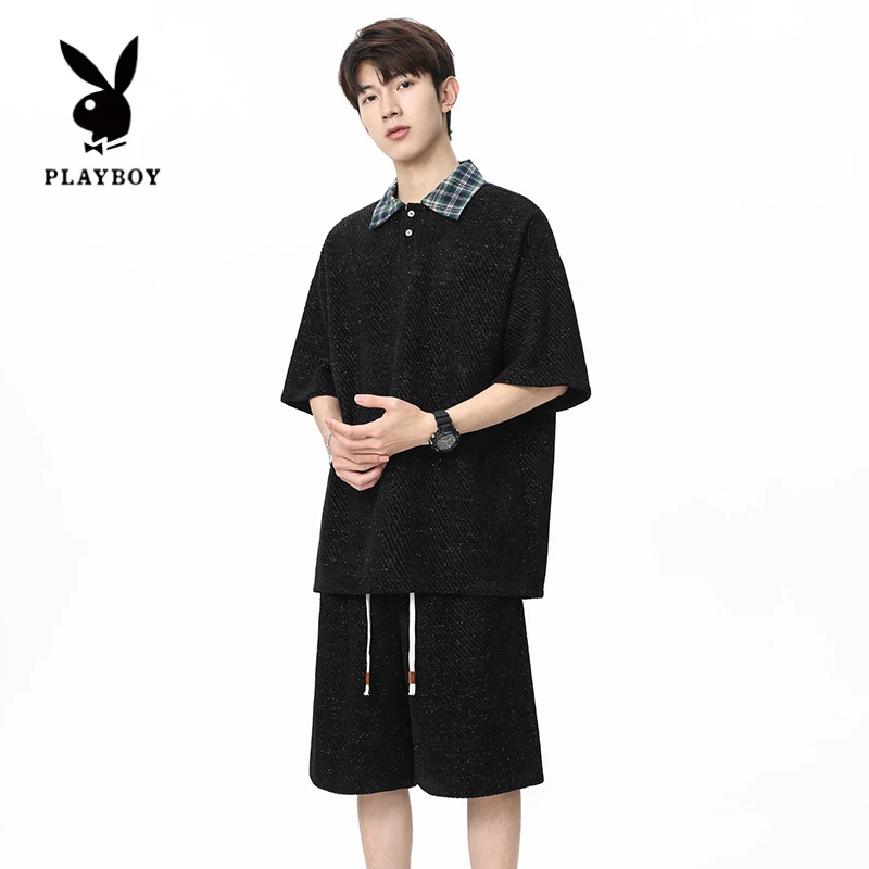 花花公子美式潮牌拼接翻领短裤套装男夏季休闲宽松百搭凉感两件套
