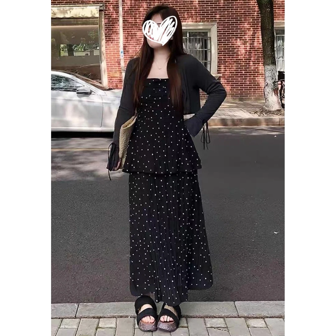 大码女装胖mm法式假两件波点吊带连衣裙2025夏季显瘦长裙子