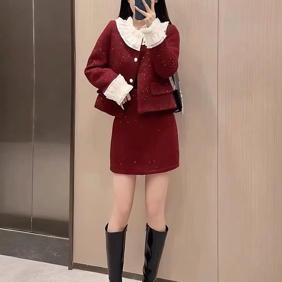 套装网红同款时尚春秋新款2024撞色珍珠花边修身长袖外套短裙潮