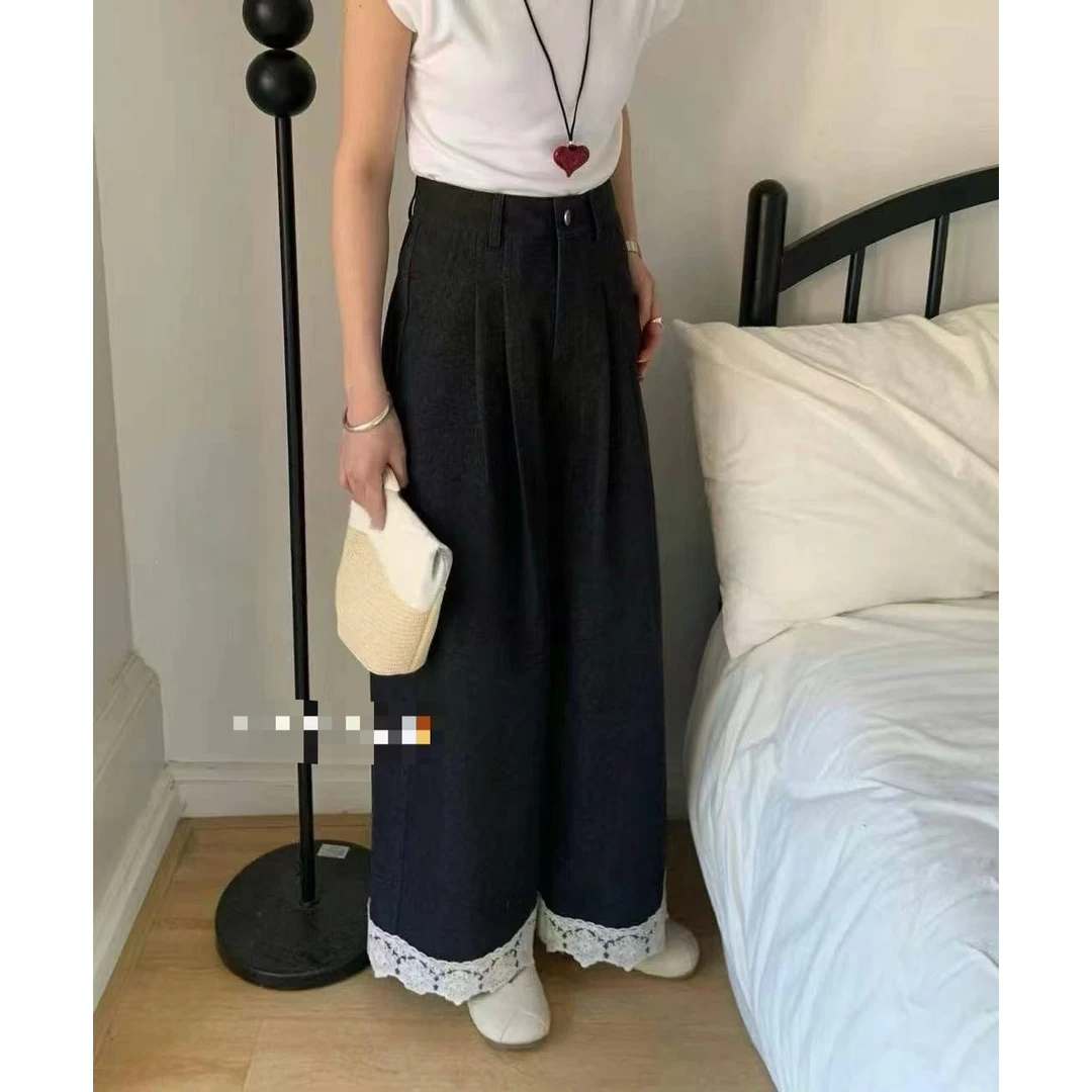 2025爆品新款设计感蕾丝拼接下摆阔腿直筒裤96008