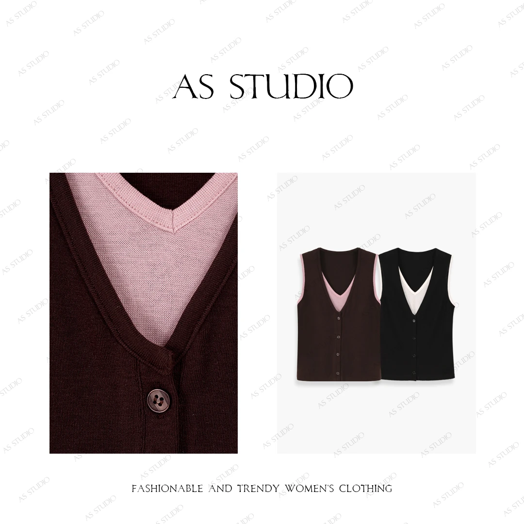 【AS碰碰车】25新假两件v领坎肩无袖外穿针织背心AS25XBX00597