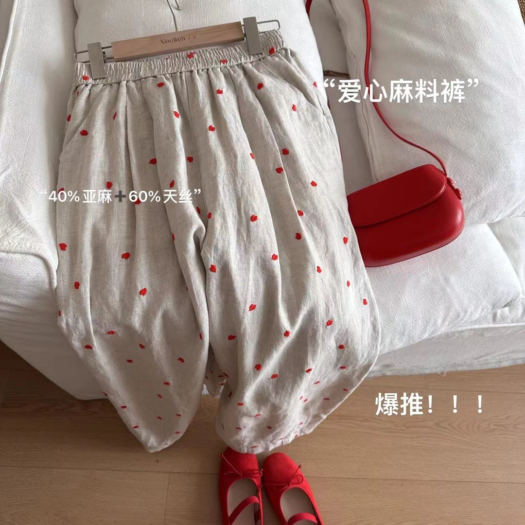 W0217-‘爱心麻料裤’夏季直筒休闲时尚高腰纯色休闲裤