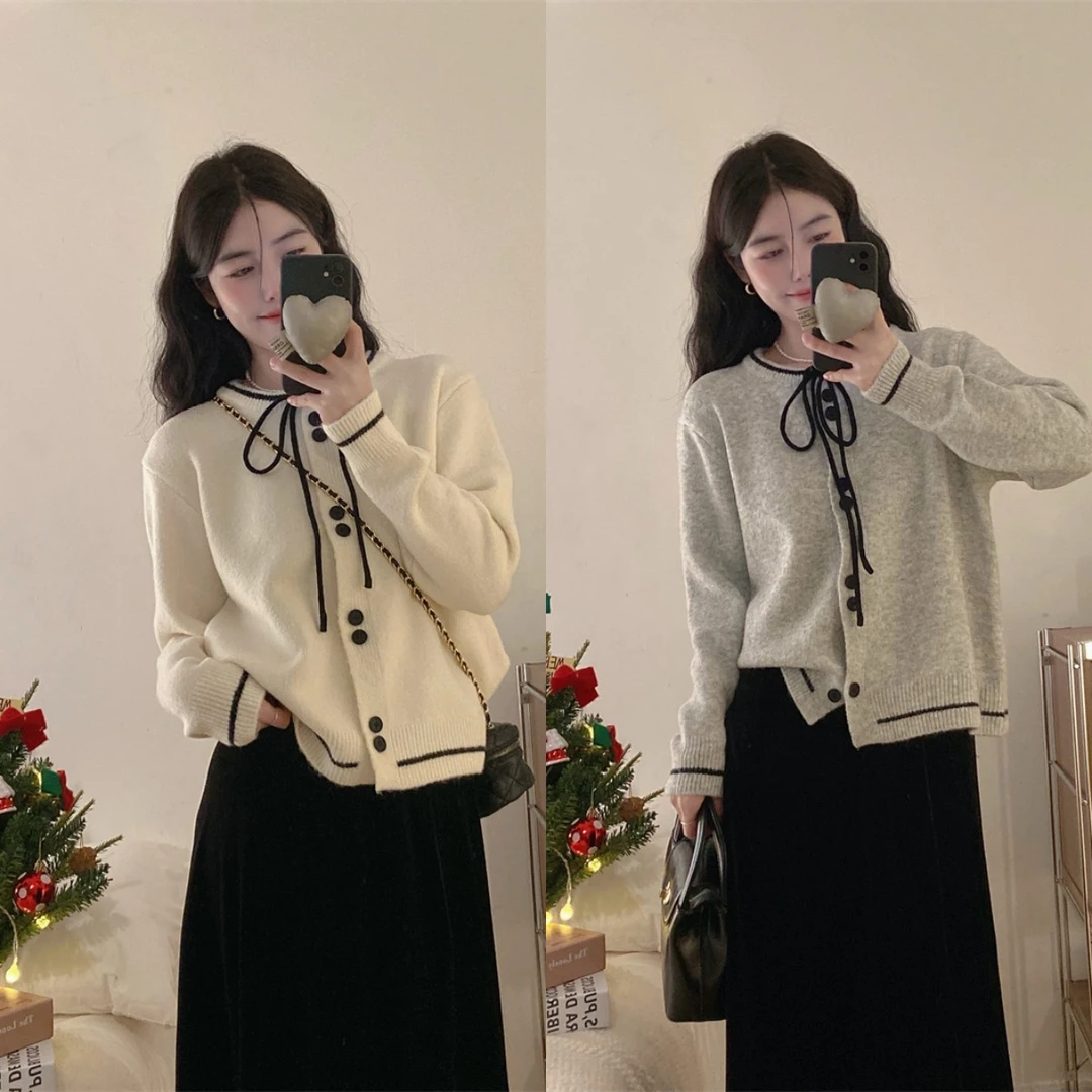 3088+3089早秋小香风蝴蝶结撞色宽松长袖针织开衫女半身裙两件套