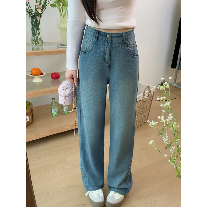 复古蓝高腰直筒牛仔裤女2025春夏新款梨型身材垂感显瘦宽松阔腿裤