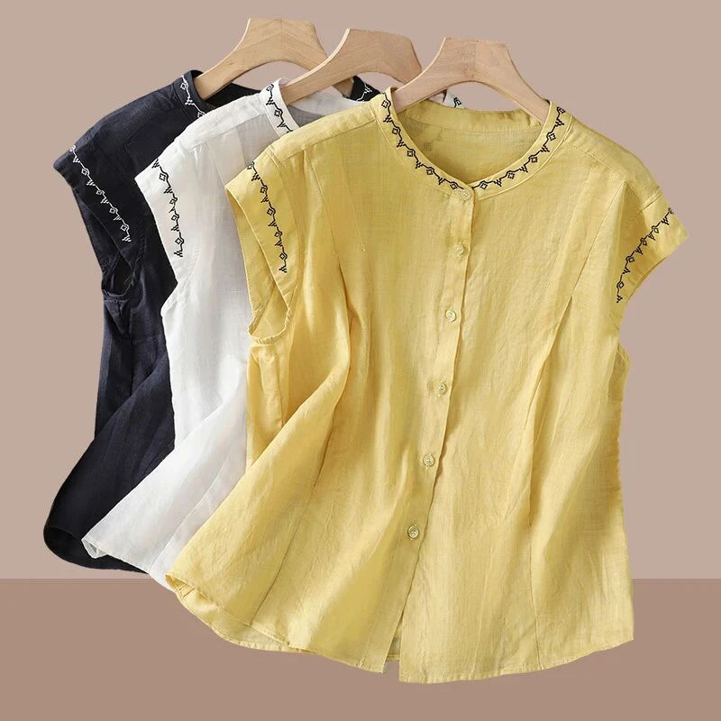 2025夏季薄款复古洋气亚麻刺绣飞飞袖衬衫女时尚百搭休闲时尚上衣