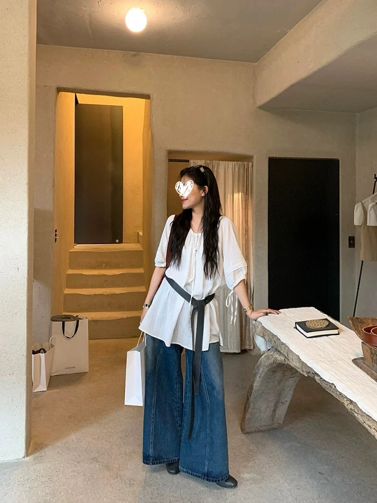 白色茉莉中长衬衫裙女肌理感宽松慵懒风薄款短袖上衣