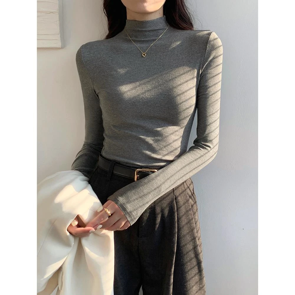 秋冬春秋显瘦洋气百搭ins纯色上衣长袖打底衫女冬季新款修身薄款