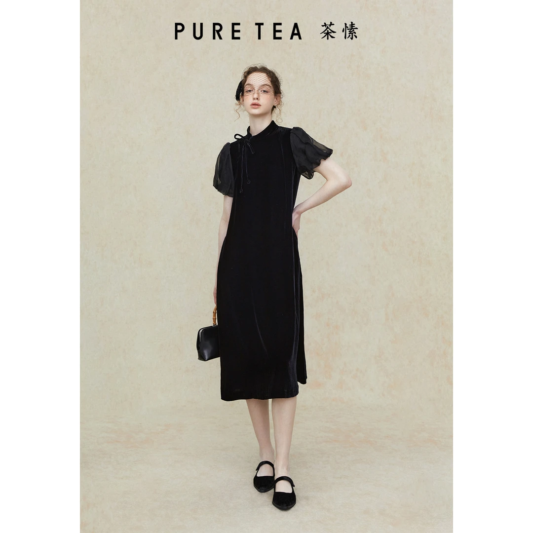 【明星同款】puretea茶愫新中式丝绒连衣裙夏季TD1502B21