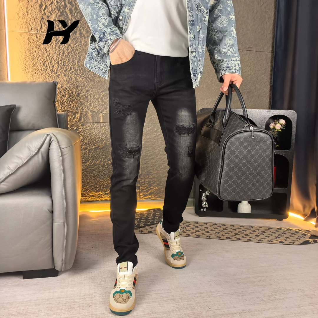 秋季修身牛仔裤复古假破洞牛仔裤修身男2025新款轻奢男士牛仔裤