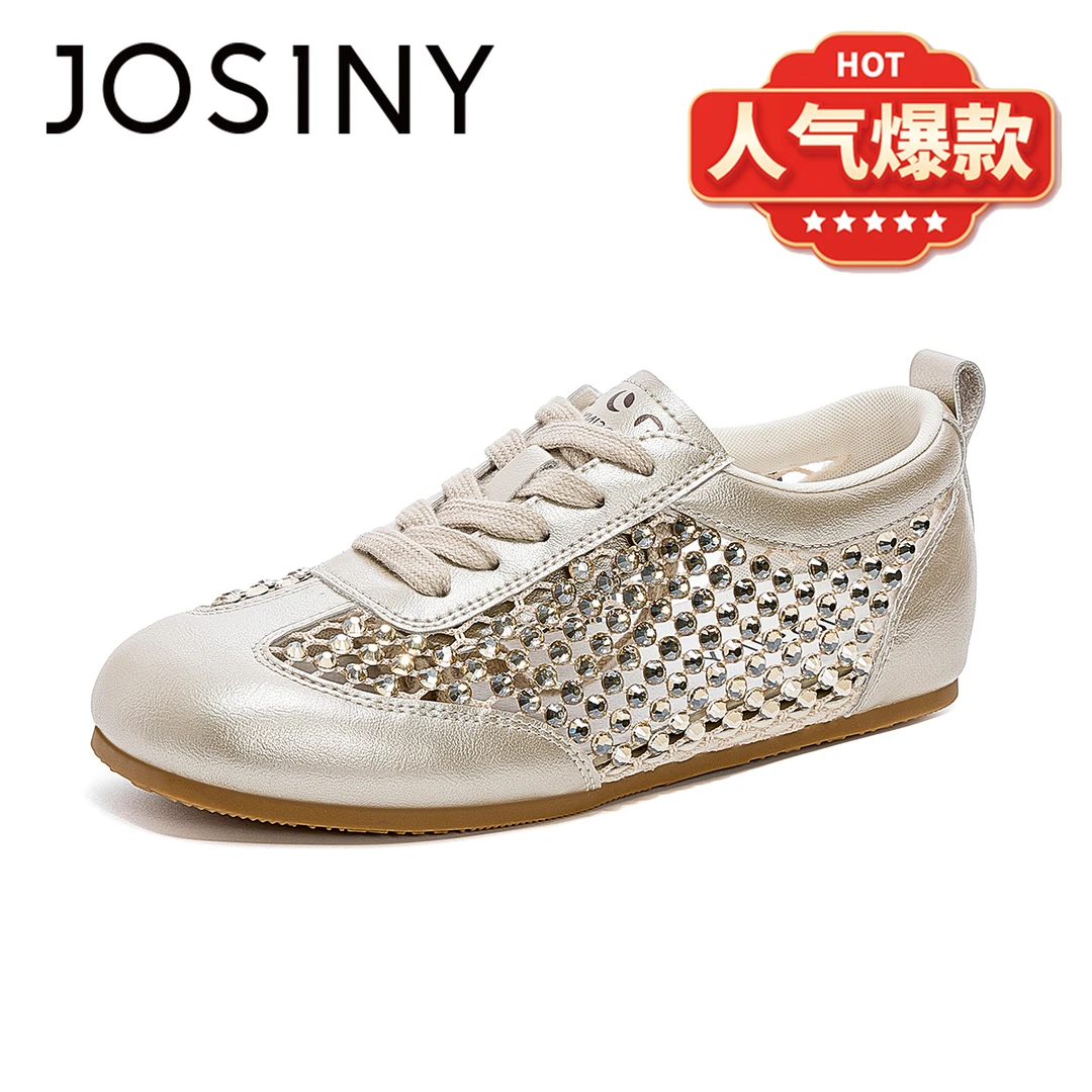 卓诗尼软底休闲鞋女2025夏季新款百搭透气水钻小众系带复古德训鞋