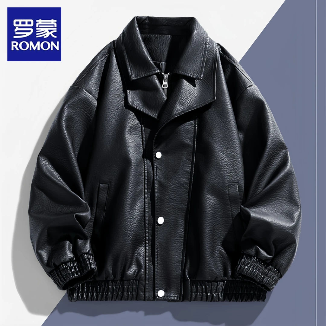 Romon/罗蒙春秋季新款休闲短款翻领夹克潮流痞帅百搭男士皮衣外套