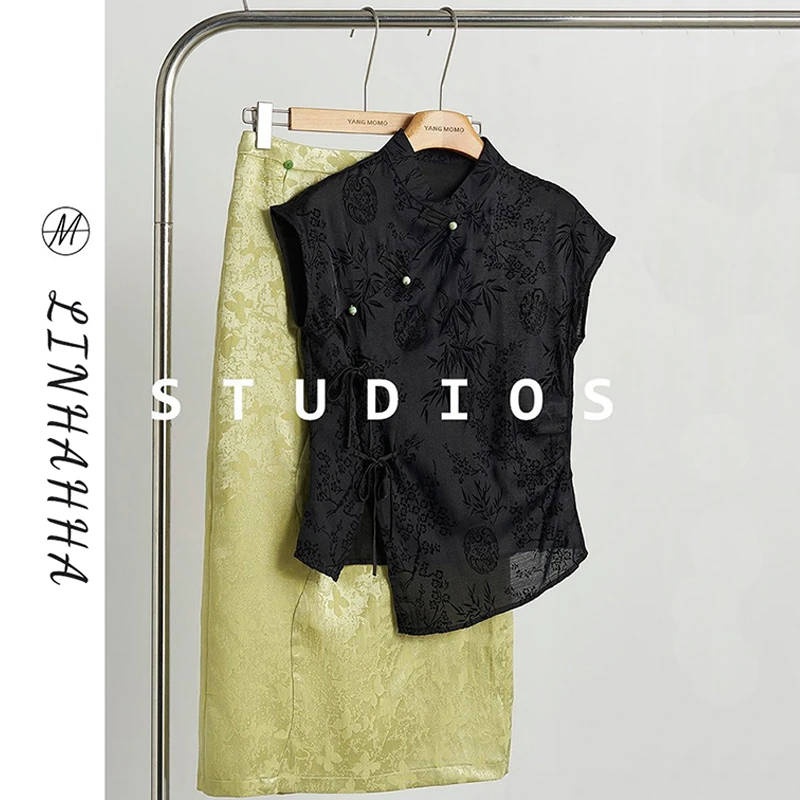 秋季新款穿搭女新中式国风套装黑色无袖旗袍上衣女搭配复古半身裙