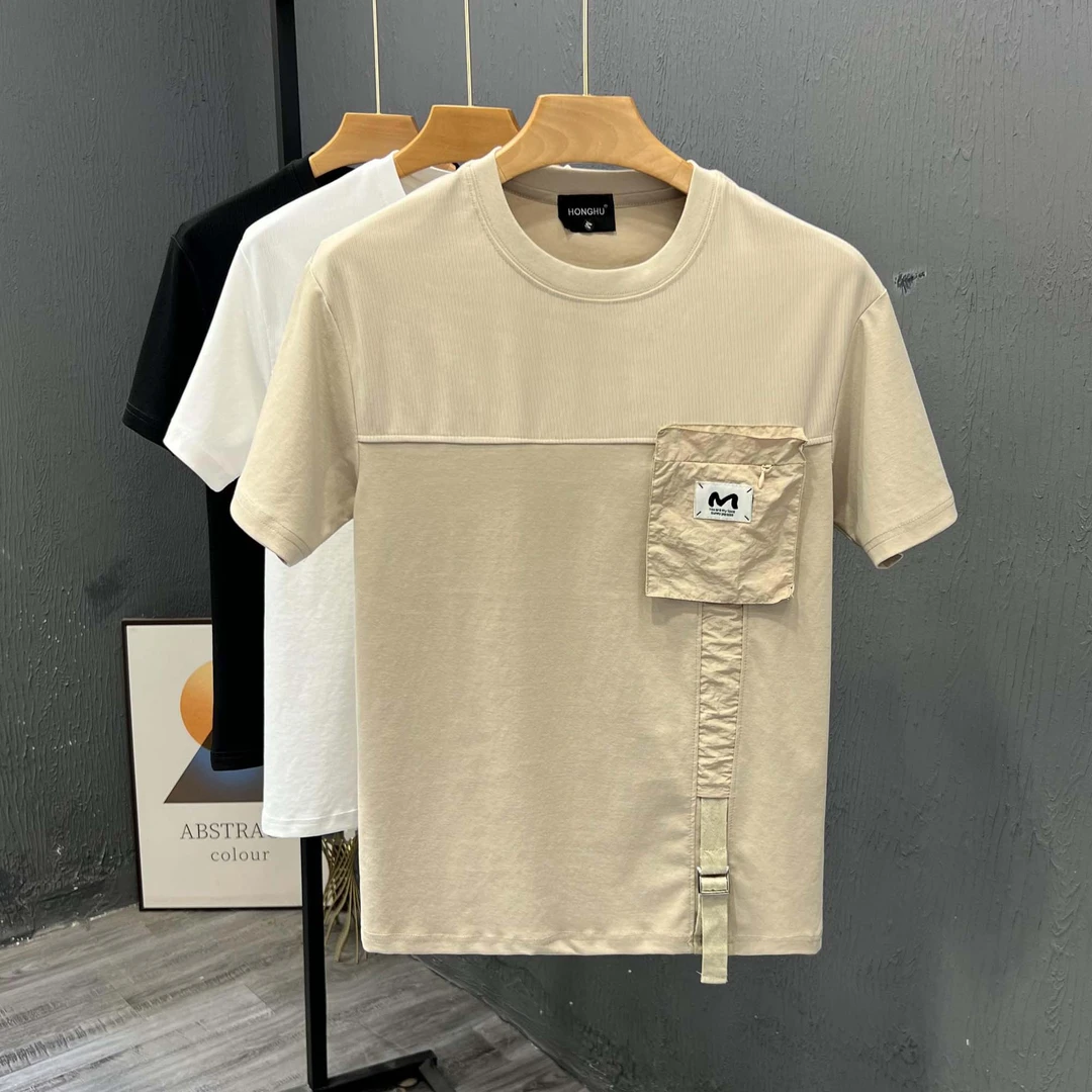 美式高街男士短袖T恤夏季口袋工装半袖2025新款时尚青年休闲体恤