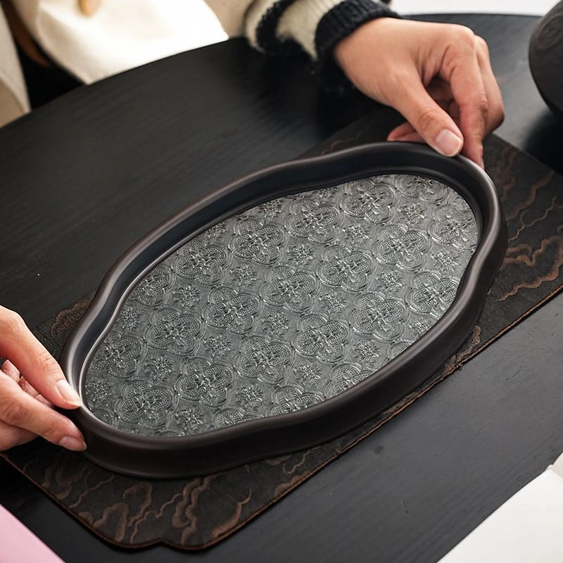 日式复古海棠花玻璃托盘家用茶室水果点心收纳茶盘