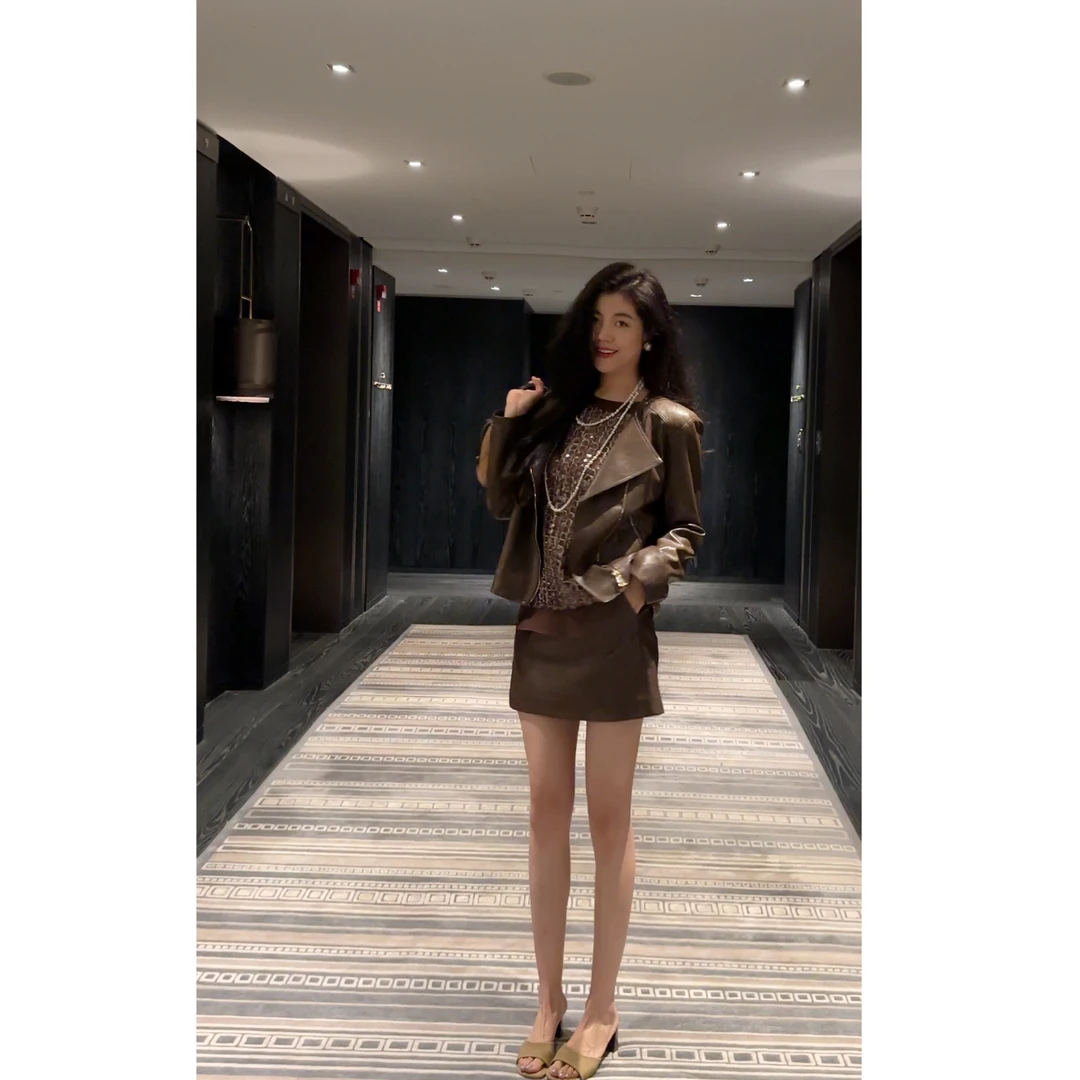 N.COU妮蔻25秋新款美式复古时髦大翻领皮衣外套半裙套装女DY79650