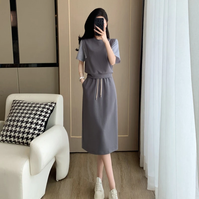高级灰休闲风时尚套装女装夏装收腰中长款半身裙高档轻奢两件套裙