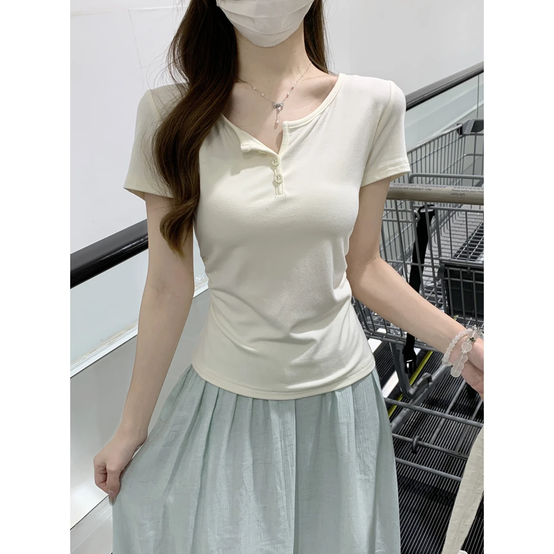 洋气衣服女洋气衣服女 夏季韩版半开领纽扣褶皱设计气质百搭短袖T