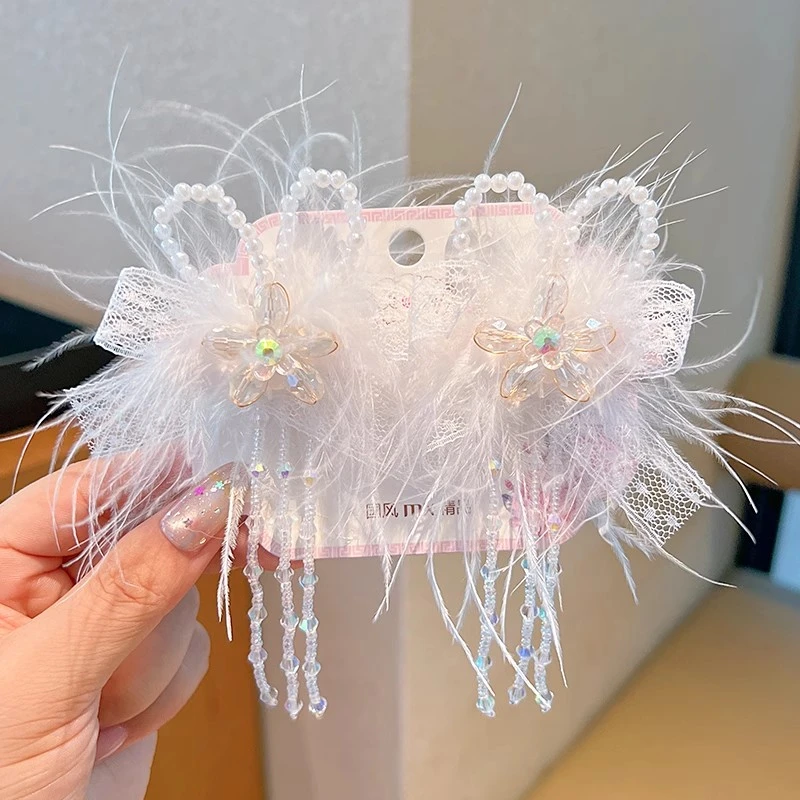 儿童古风羽毛发夹女童汉服蝴蝶结流苏头饰女孩甜美不伤发花朵发卡