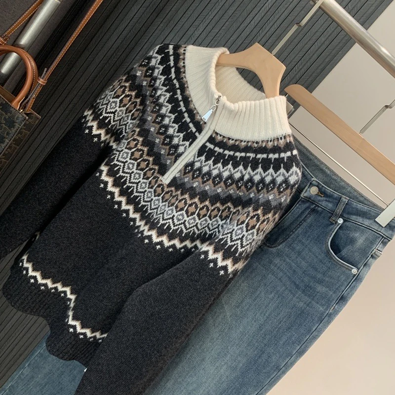 羊毛衫女费尔岛宽松长袖时尚打底衫休闲上衣百搭套头针织复古毛衣