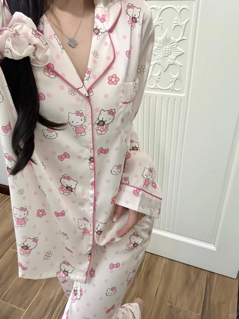 【甜美kitty】卡通2025少女冰丝睡衣女春秋薄款长袖长裤家居服套装