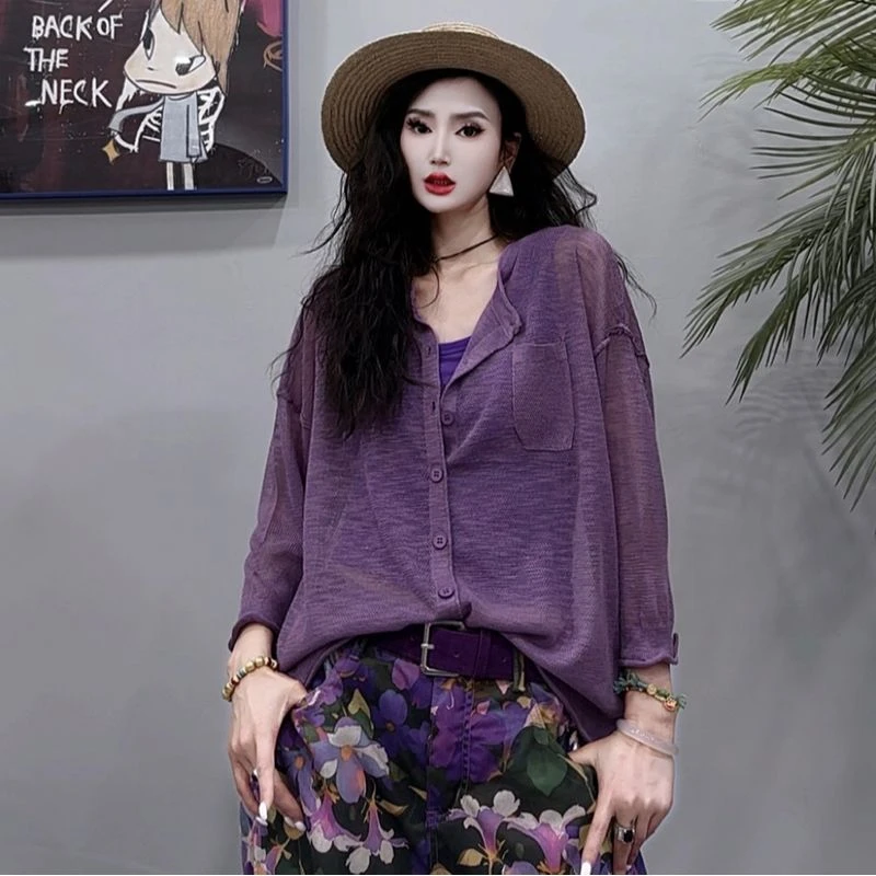 夏季软糯镂空针织T恤女2025新款时尚长袖薄款休闲防晒上衣-5502