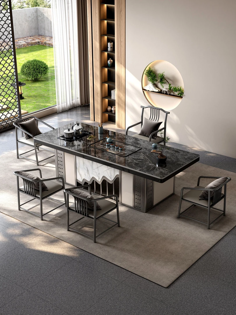 新中式轻奢岩板茶桌大茶台简约现代泡茶桌高端办公室茶桌椅组合