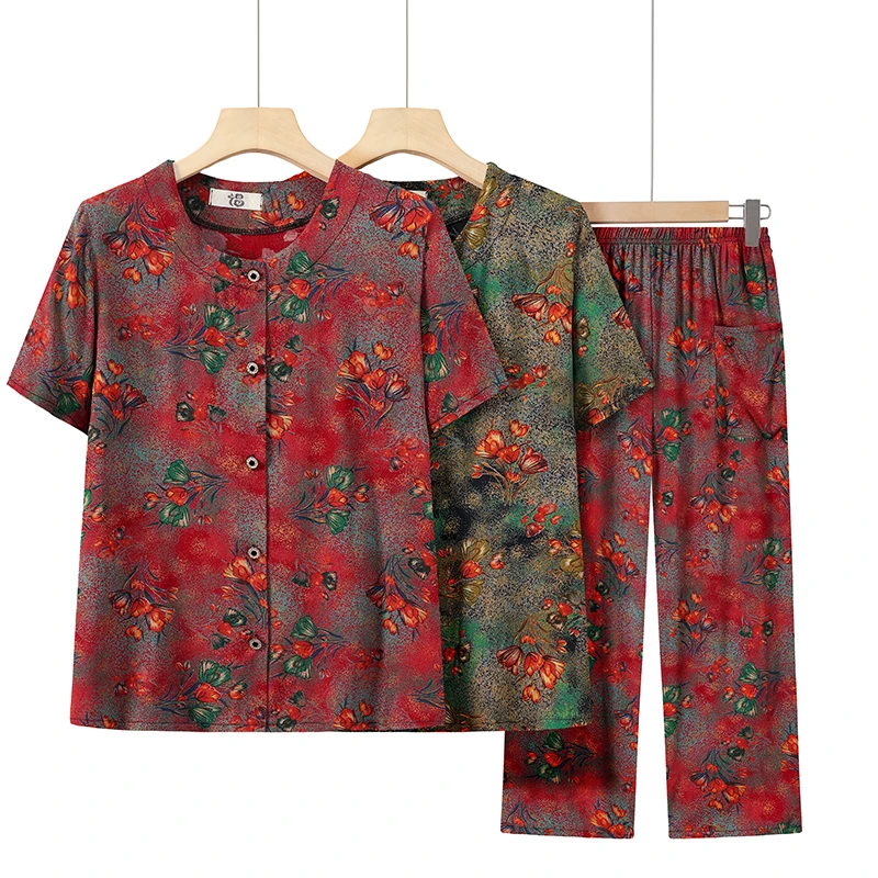 中老年人夏装衬衫女妈妈棉绸奶奶套装短袖2025新款老人老太太