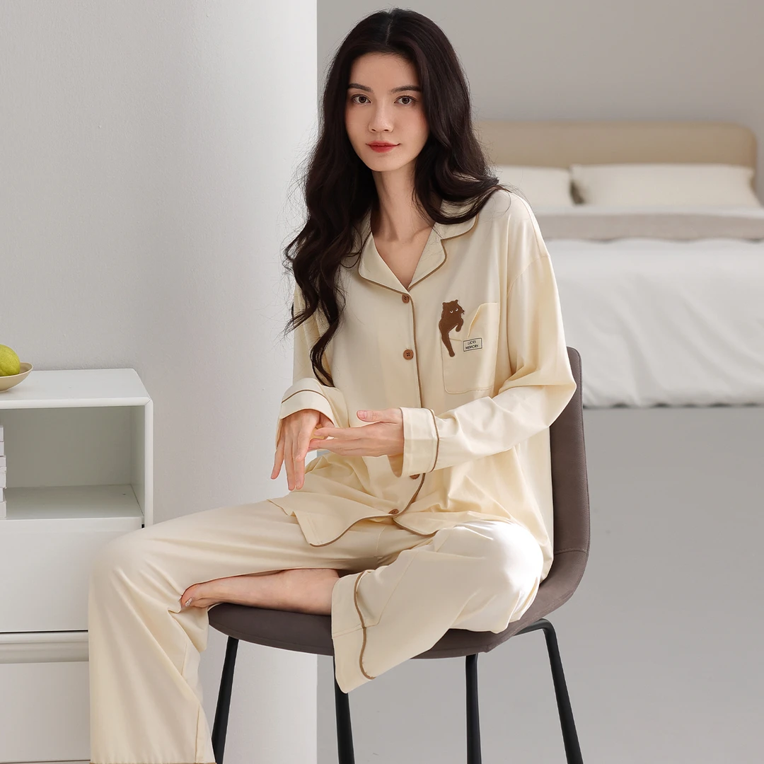 春秋纯棉长袖长裤睡衣女翻领开衫休闲舒适透气软糯全棉家居服套装