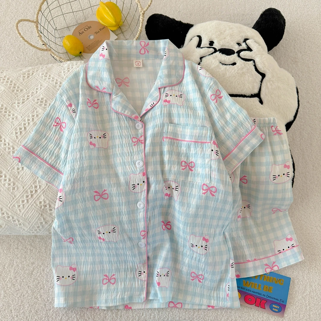 芯语婷夏季新款蓝格蝴蝶结猫甜美云朵泡泡纱睡衣女卡通家居服套装