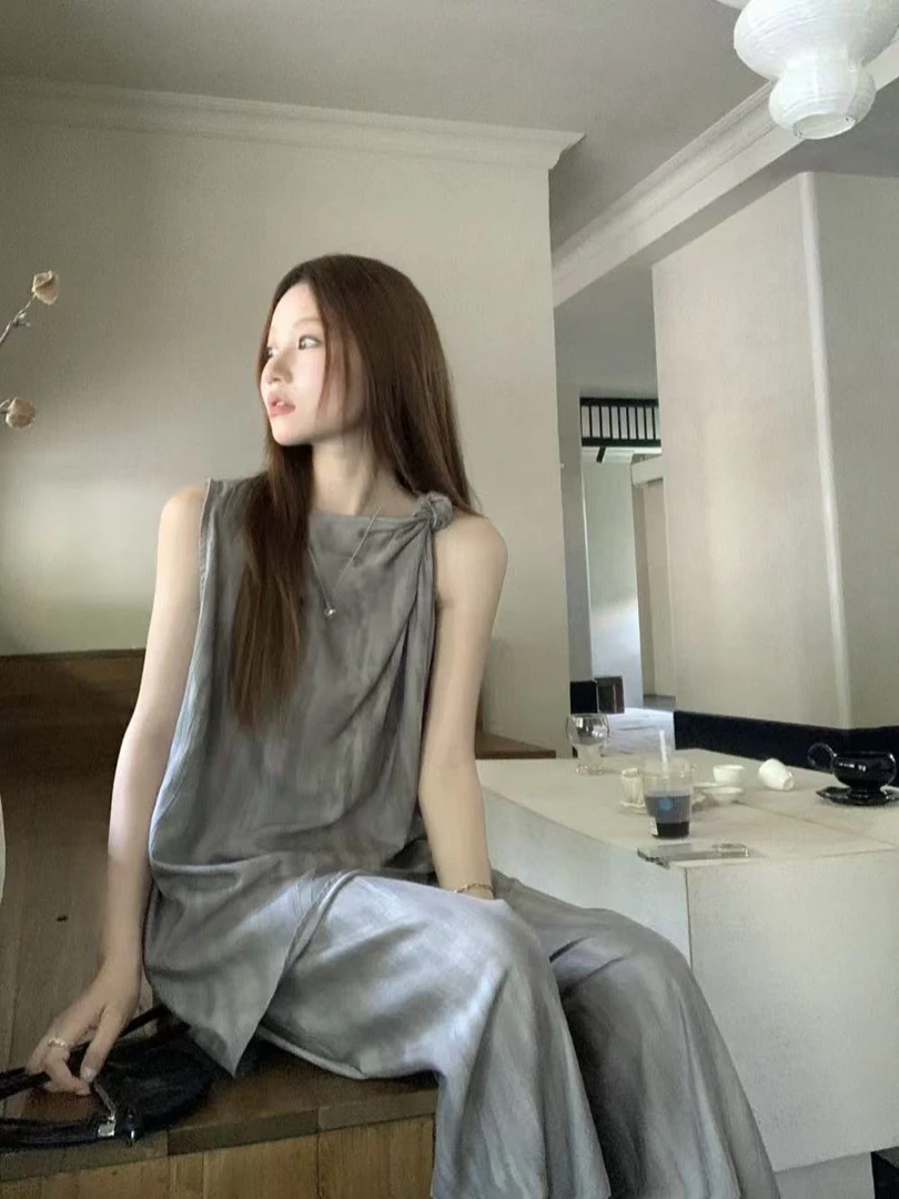 （灰姑娘）夏季松驰穿搭一整套新款不规则无袖上衣阔腿裤套装T5251#