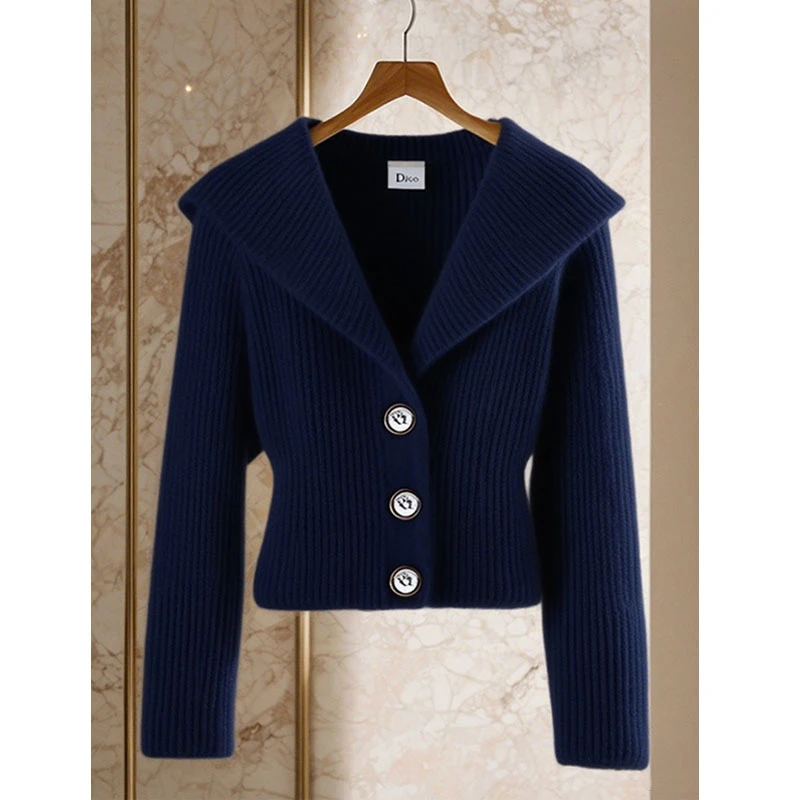 纯欲慵懒风女装藏蓝色针织衫2025早秋季新款高级感洋气长袖上衣