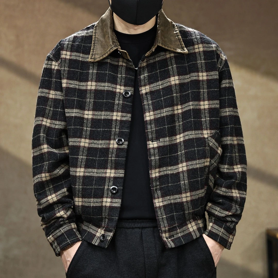 美式复古绵羊毛混纺格纹翻领夹克男春秋新款拼色老钱风短款外套潮