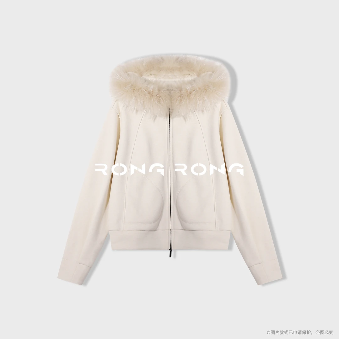 溶溶【裘韵臻衣】RONGRONG 绵羊毛醋纤拼貉子毛领保暖上衣2508K709