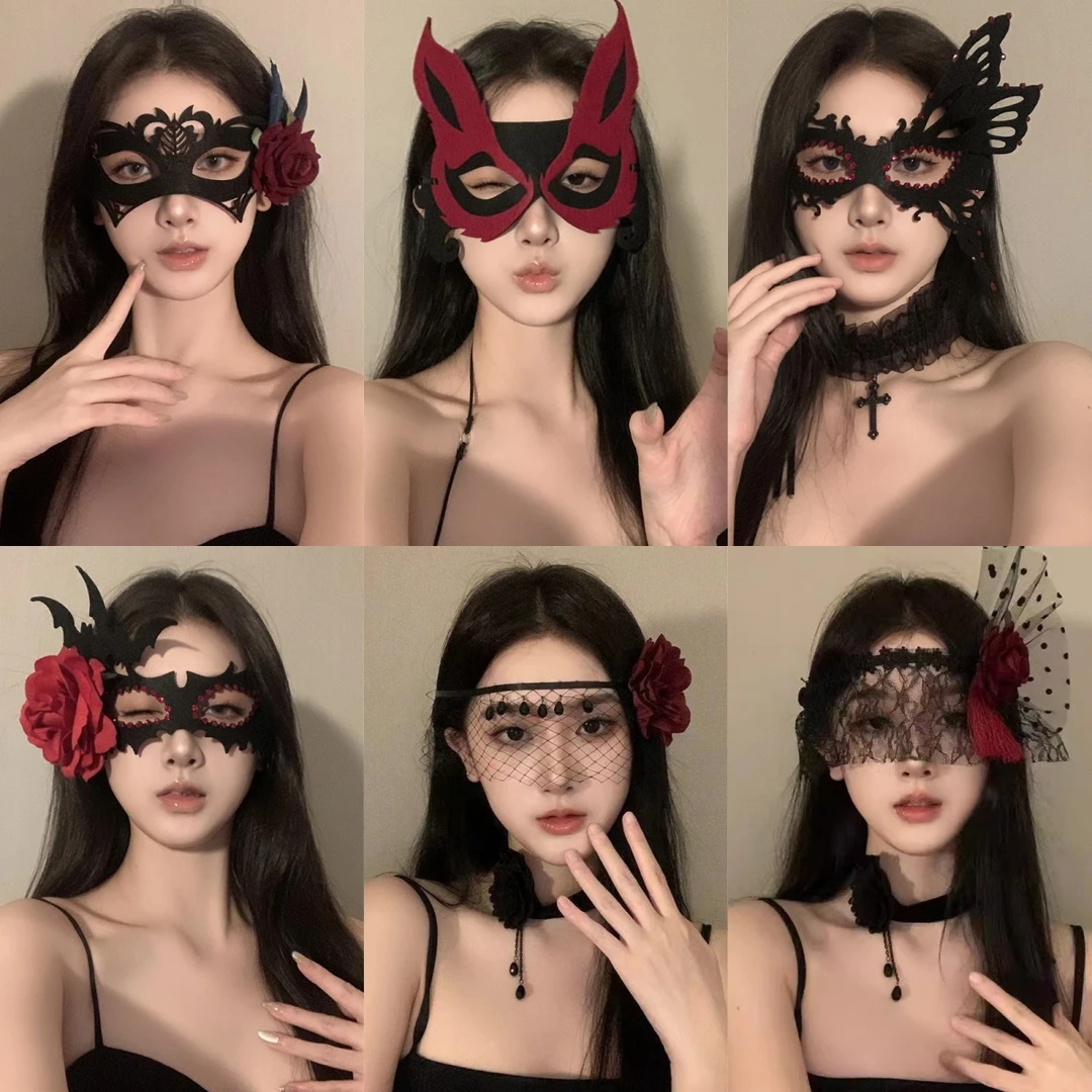 万圣节黑色花朵面具假面舞会晚会神秘半脸面具眼罩化妆之夜面罩