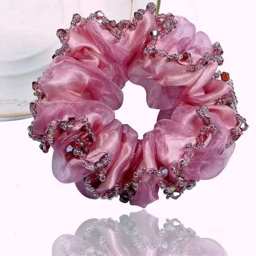 韩版绢纱发圈女简约丸子头头绳手工仿水晶发饰橡皮筋欧根纱大肠发