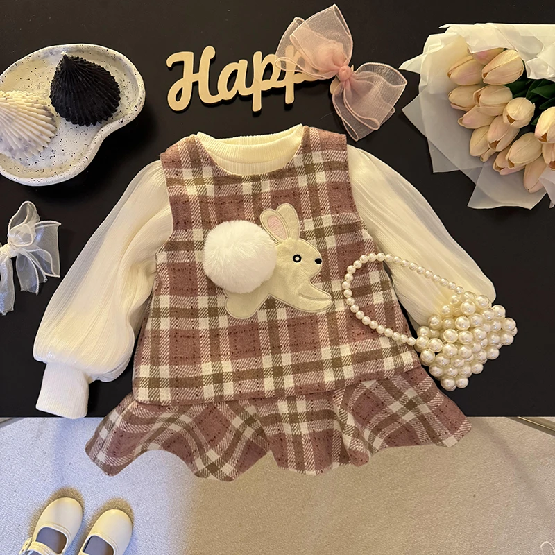 童装女童2024新款冬装女宝宝加绒加厚格子连衣裙两件套小童公主裙