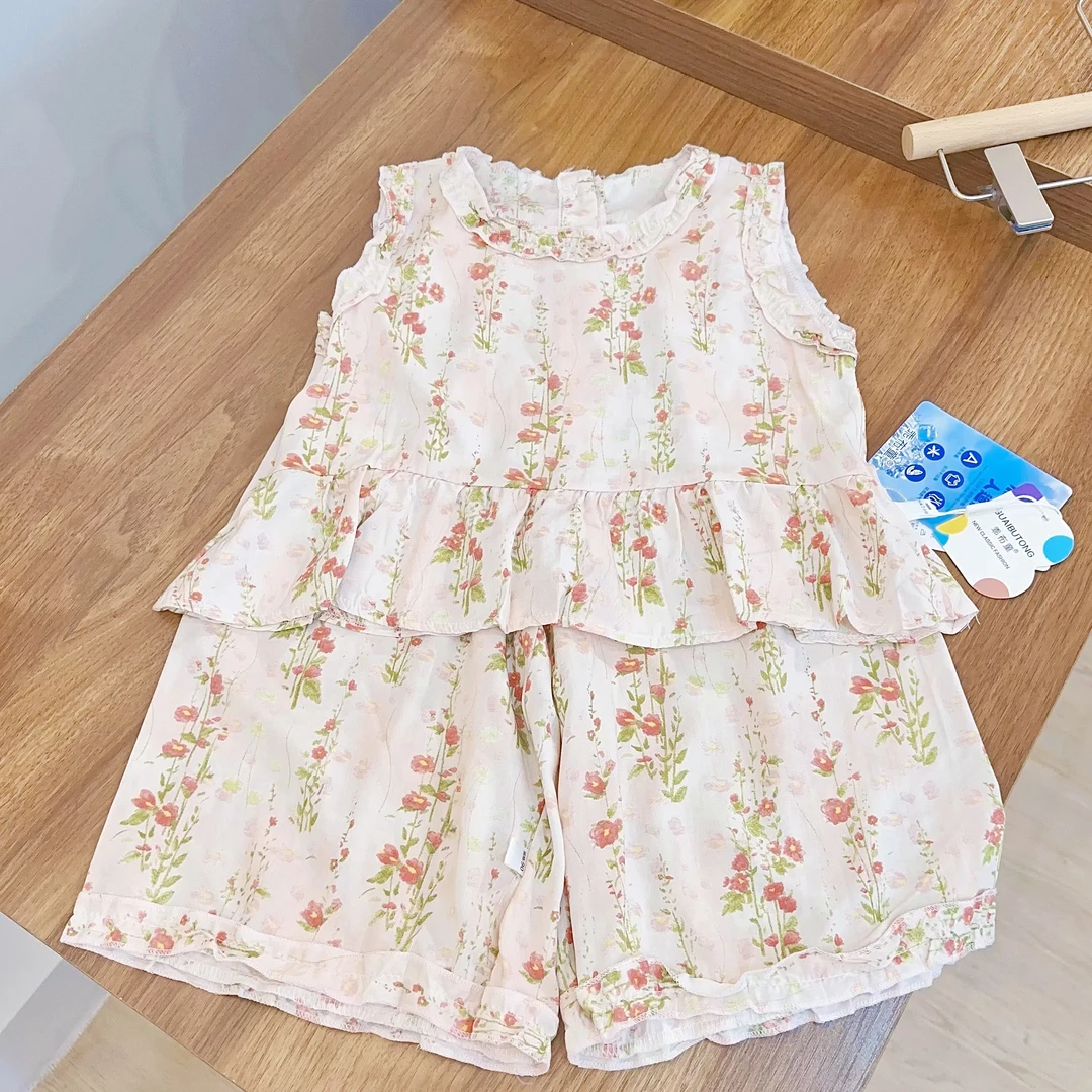 儿童碎花棉绸套装夏季薄款洋气无袖棉绸九分裤背心两件套