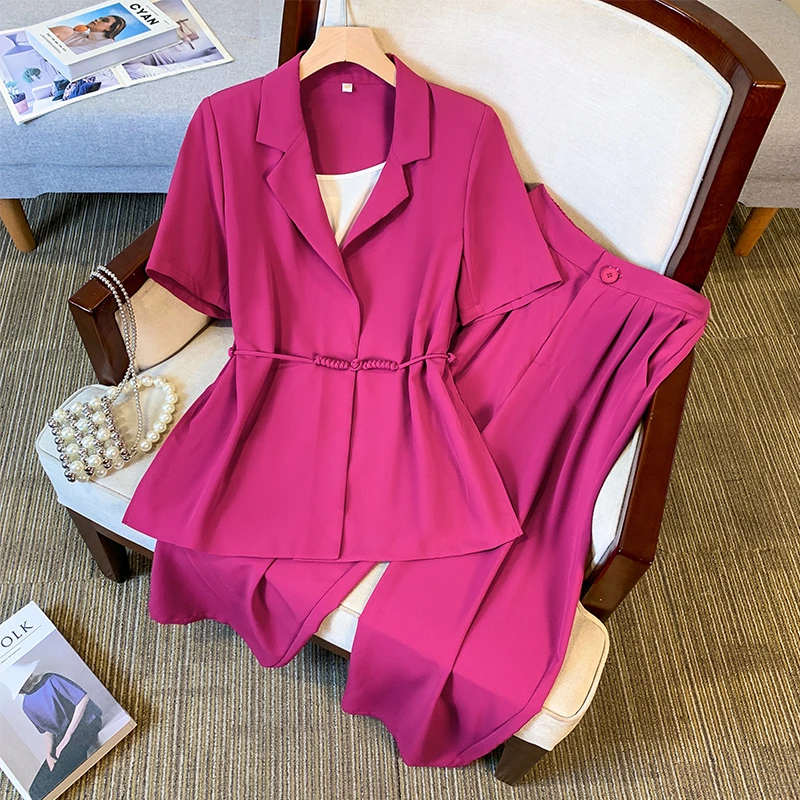 实拍现货2025职业套装休闲大码女装时尚小西装收腰裤减龄两件套