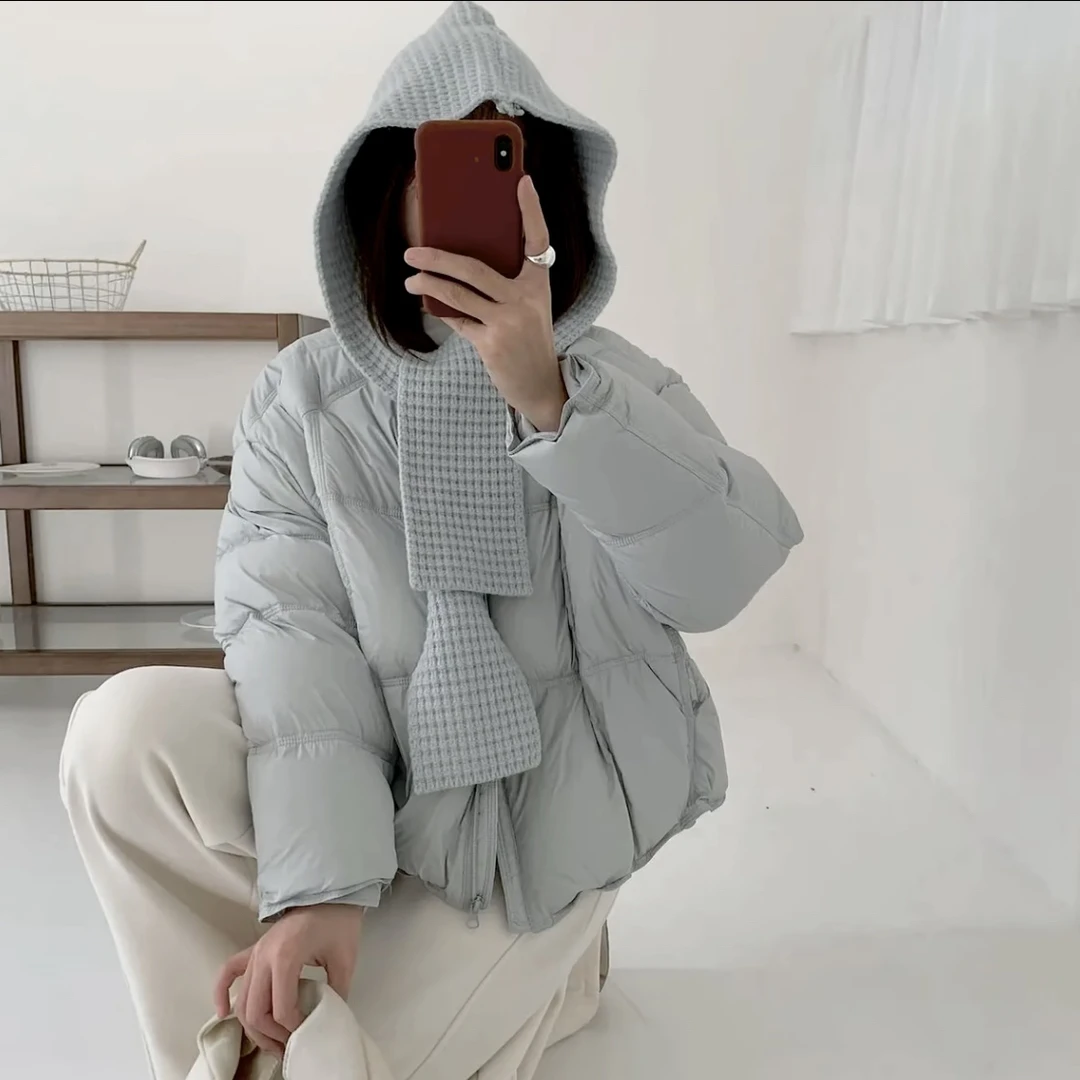 【现货现发】配可拆卸针织围巾帽韩系短款轻暖宽松保暖羽绒外套