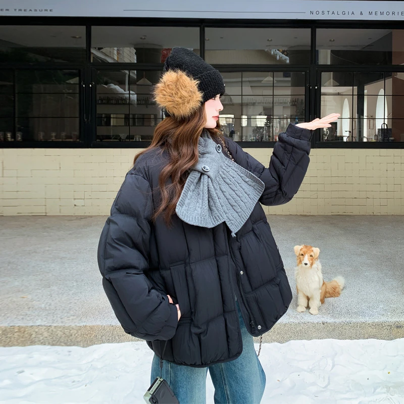 冬日氛围感针织围脖羽绒服2025新款休闲日系复古ins风加厚面包服