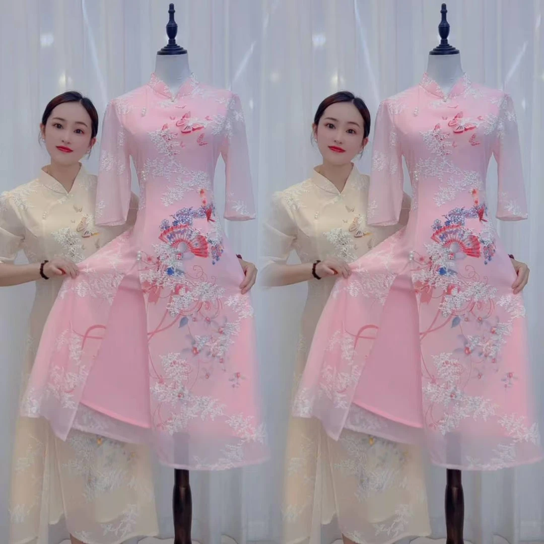 蝴蝶美人低领长款旗袍裙中袖改良显瘦国风古典旗袍连衣裙遮肚子