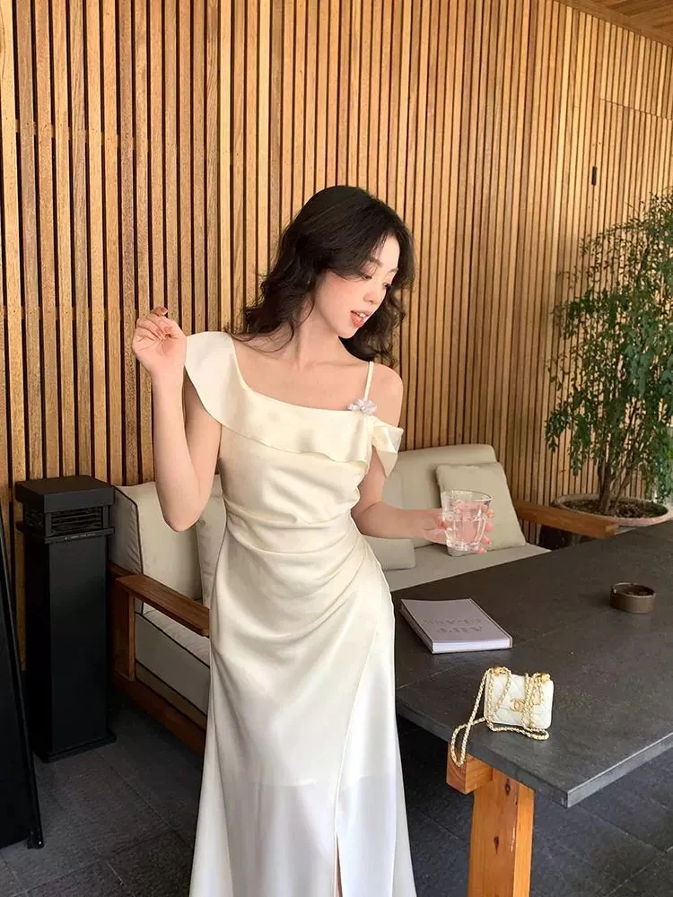 吊带裙长裙露肩荷叶边显瘦吊带连衣裙小众名媛气质夏季收腰