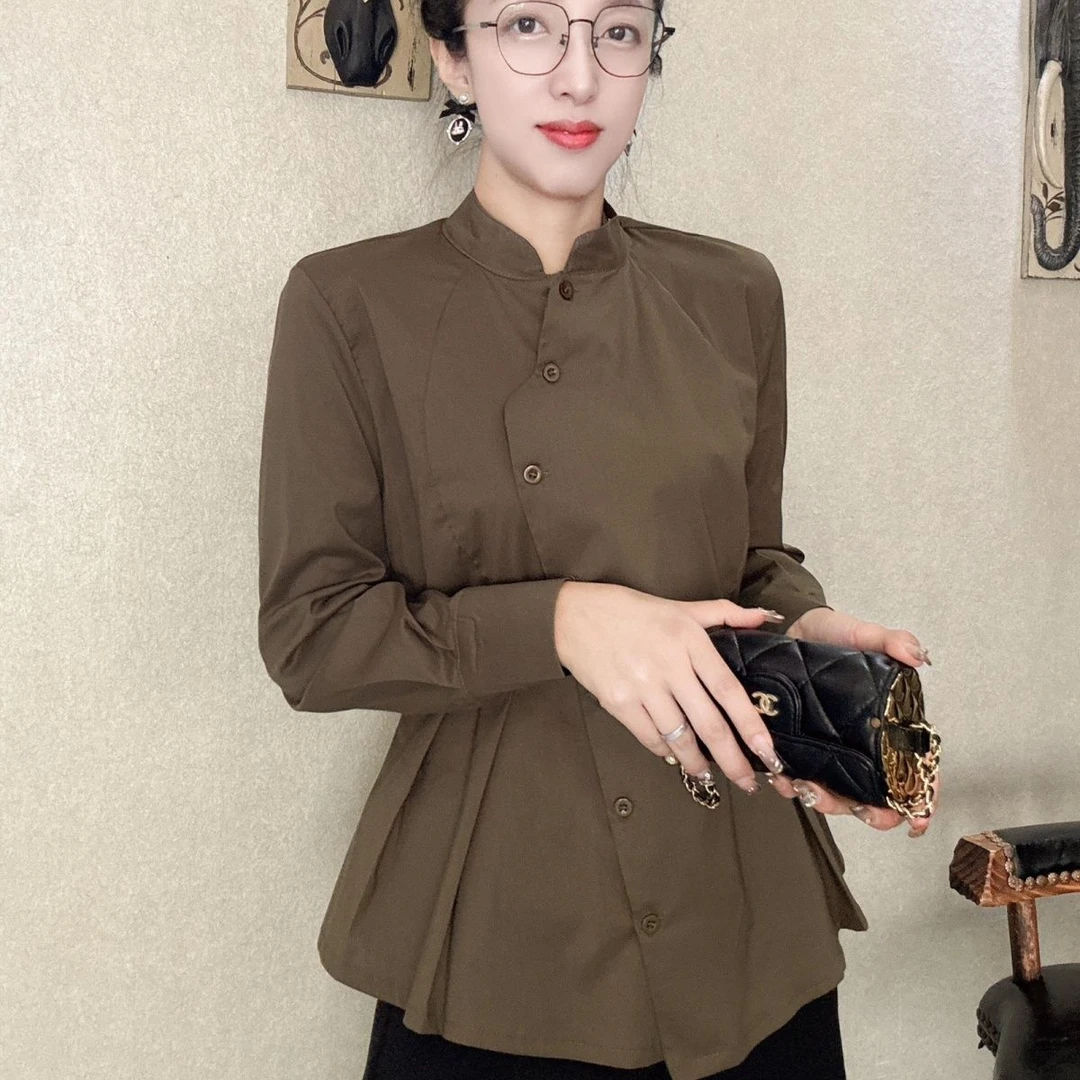 设计长袖纯色弹力棉衬衫女加绒立领不规则新款气质修身衬衣秋冬潮