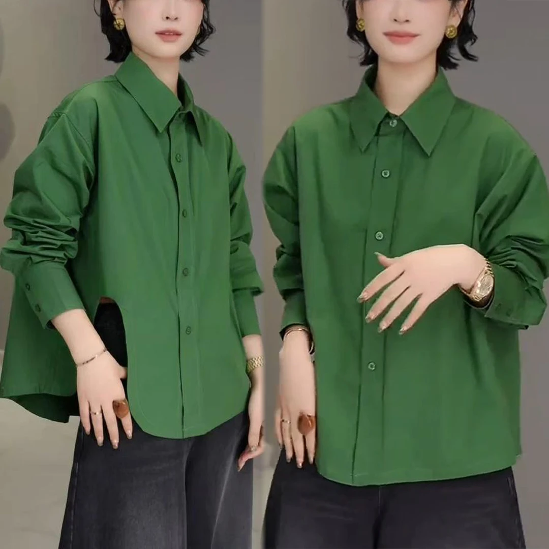 polo领时尚长袖宽松显瘦上衣女2025早秋小众设计感不规则下摆衬衫